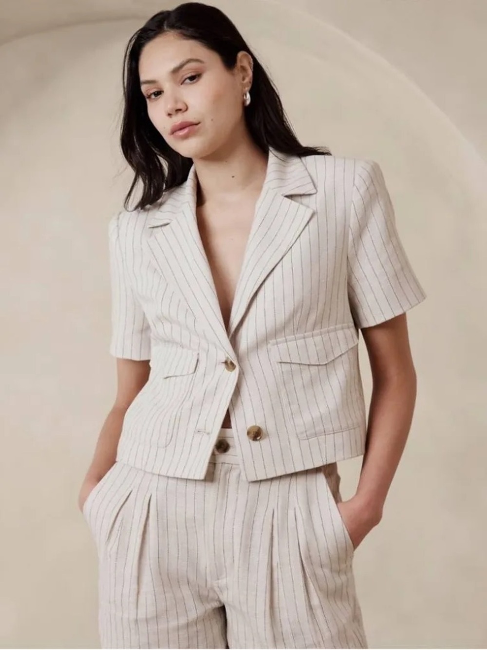 Banana Republic Cream Pinstripe Short-Sleeve Blazer
